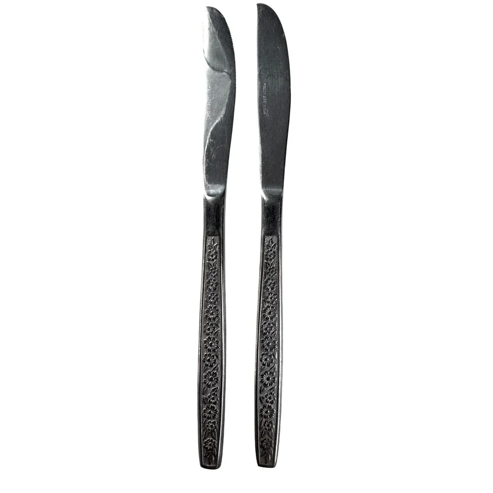Vintage Stainless Korea Daisy Floral Pattern Serrated Dinner Knives Set of 2